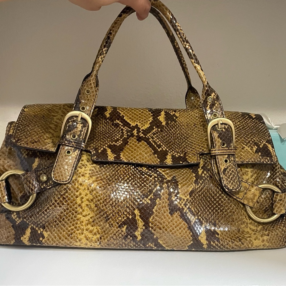 Adrienne Vittadini Brown and Yellow Satchel with Snakeskin Pattern